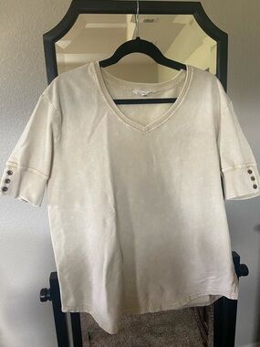 Jane and Delancey Cream V-Neck Short Sleeve Blouse with Button Cuffs
